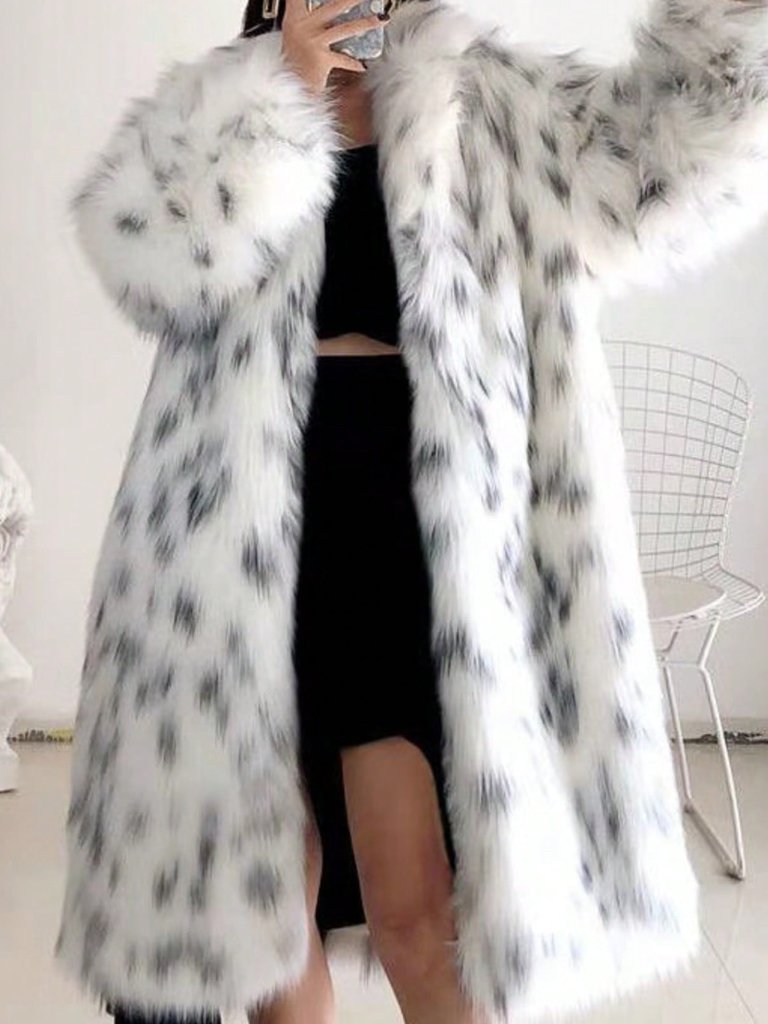 Black And White Casual Women's Leopard Print Warm Lined Faux Fur Midi Coat